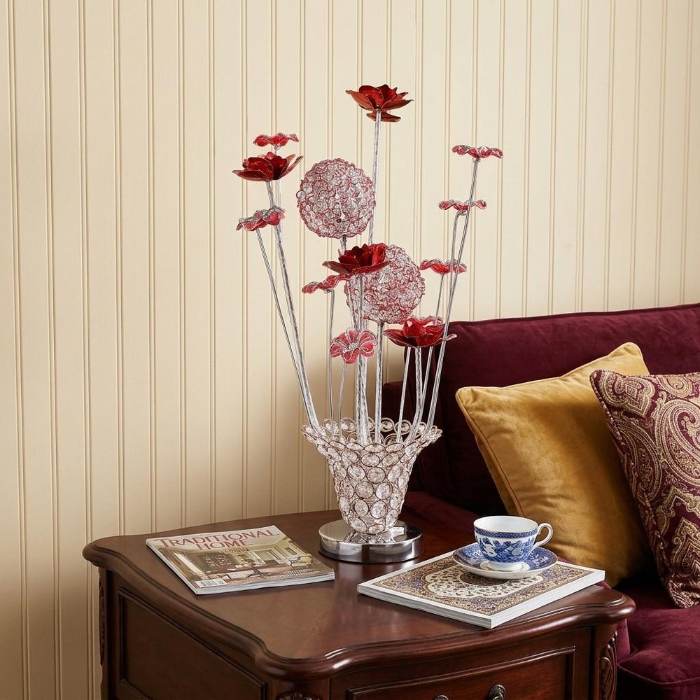 21" Silver and Clear Metal and Faux Crystal Red Roses Bedside Lamp HomeRoots