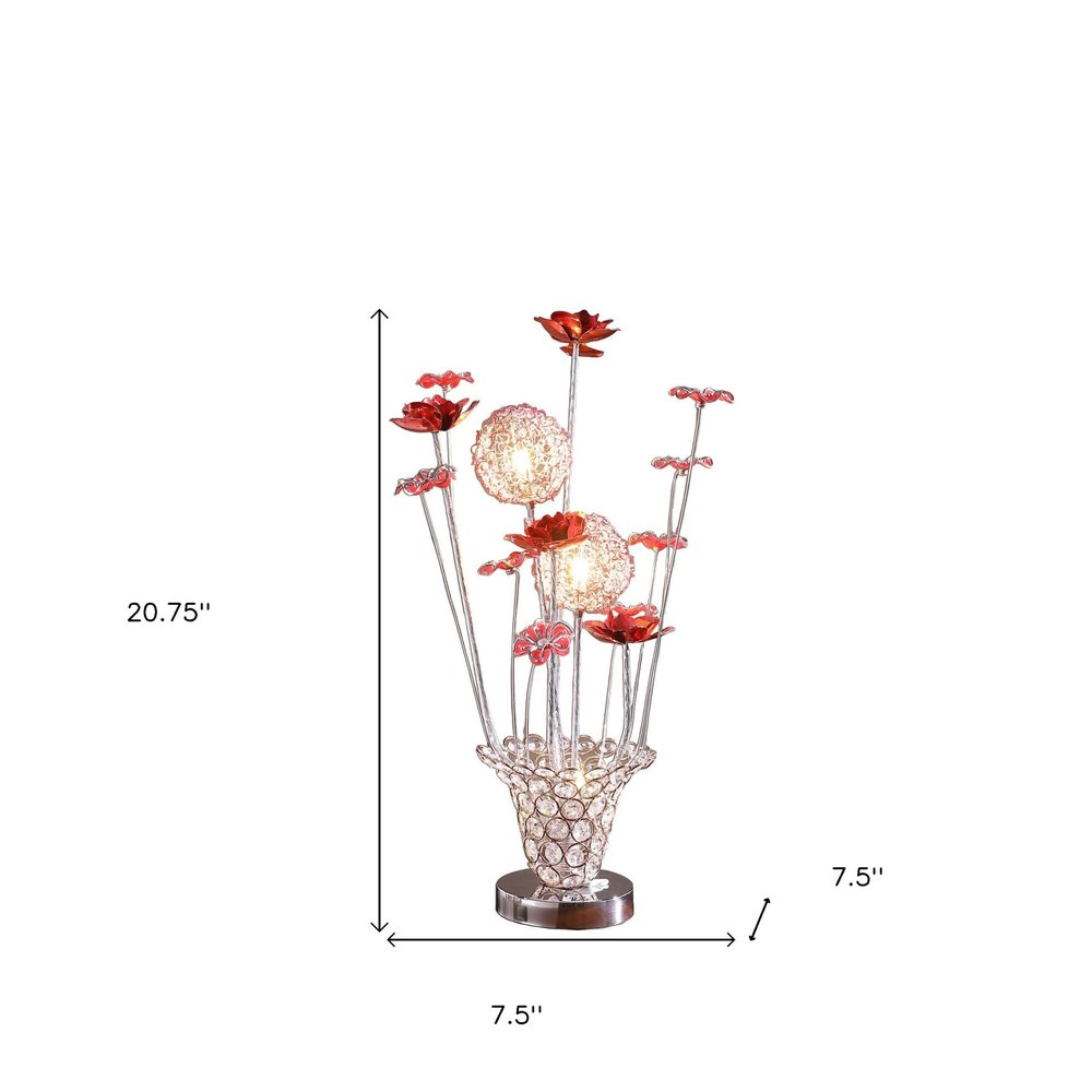 21" Silver and Clear Metal and Faux Crystal Red Roses Bedside Lamp HomeRoots