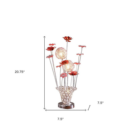 21" Silver and Clear Metal and Faux Crystal Red Roses Bedside Lamp HomeRoots