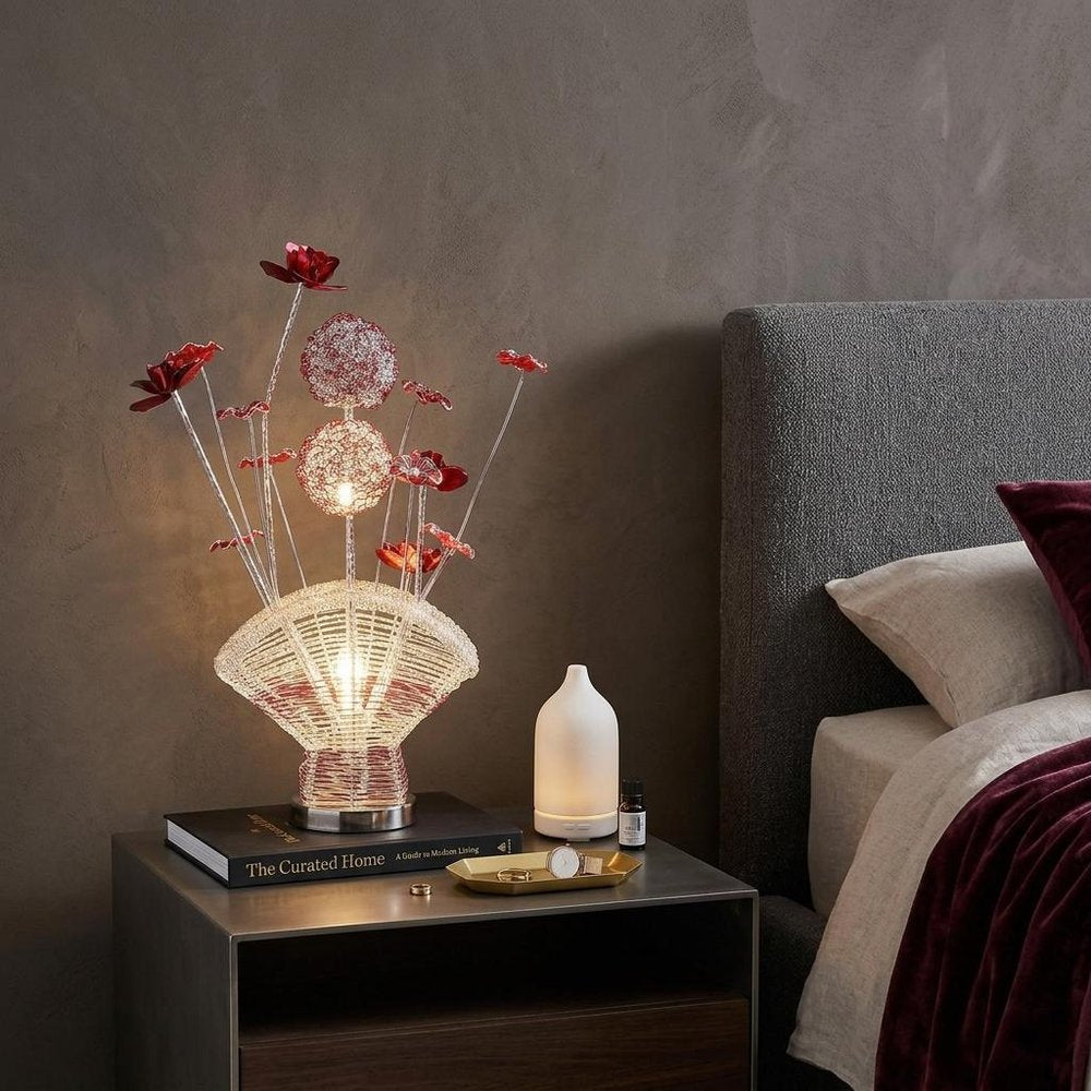22" Silver and Clear Metal and Acrylic Red Rose Bedside Lamp HomeRoots