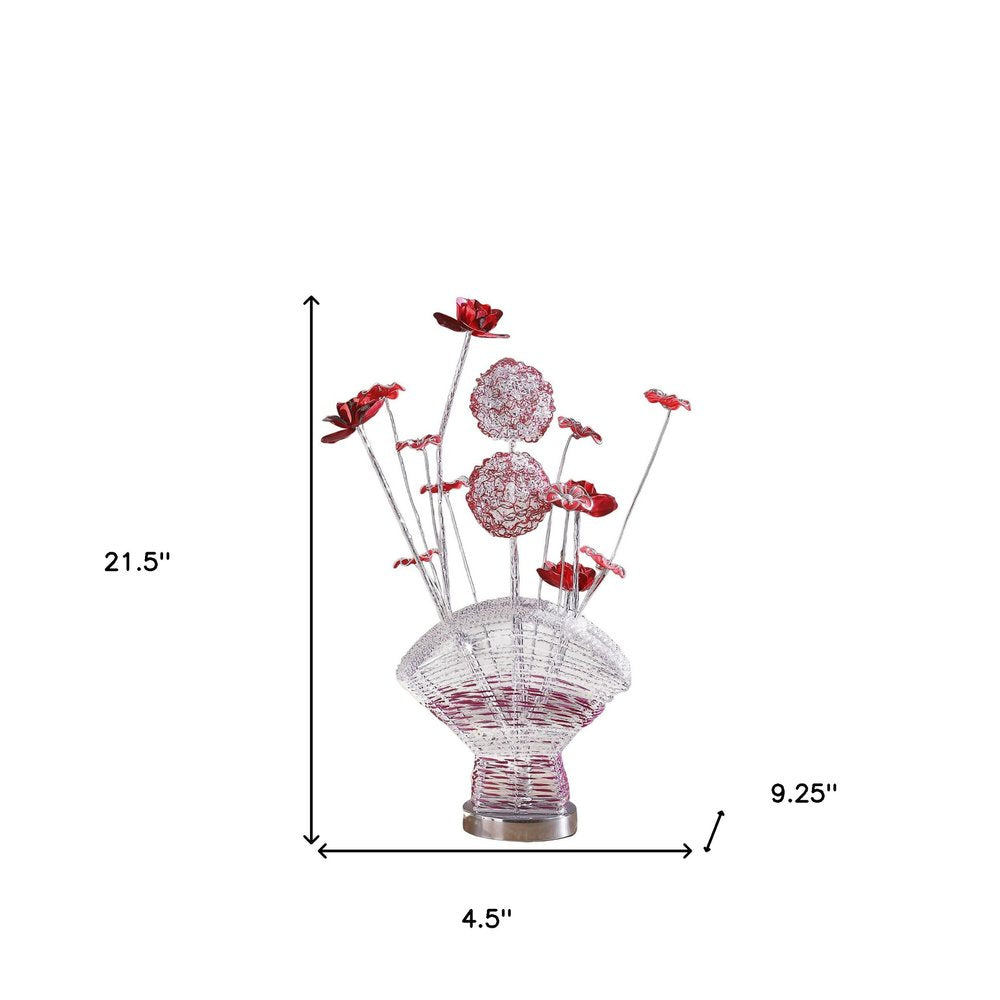 22" Silver and Clear Metal and Acrylic Red Rose Bedside Lamp HomeRoots