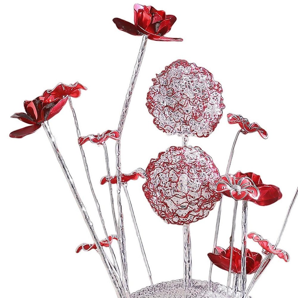 22" Silver and Clear Metal and Acrylic Red Rose Bedside Lamp HomeRoots