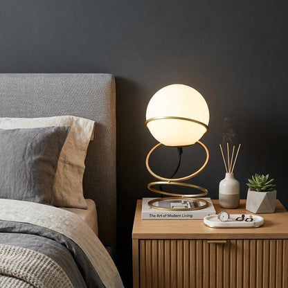 14" Gold Metal Geo Spiral Bedside Lamp With White Globe Shade HomeRoots