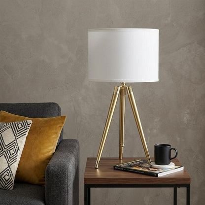 Gold Metal Adjustable Height Tripod Table Lamp With White Drum Shade HomeRoots