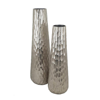 Set of Two Silver Cast Aluminum Textured Table Vases HomeRoots
