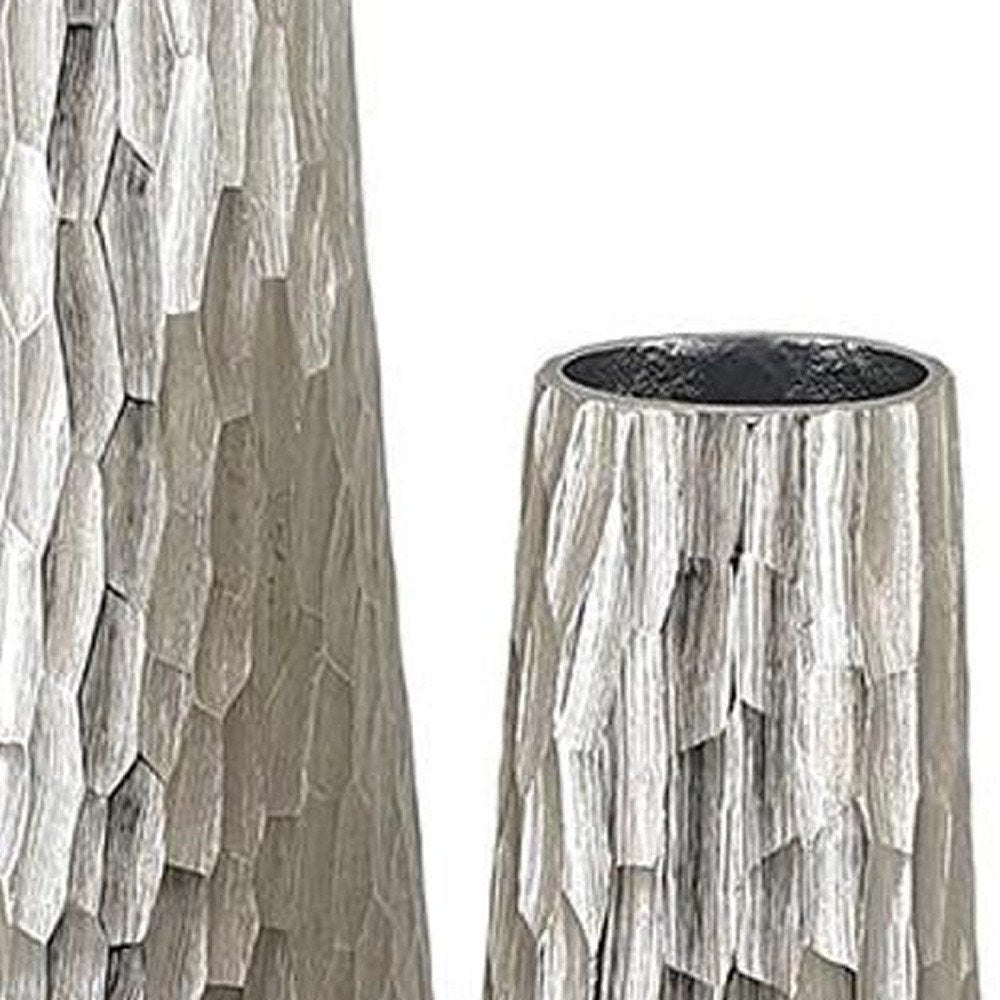 Set of Two Silver Cast Aluminum Textured Table Vases HomeRoots