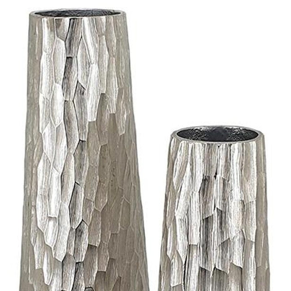 Set of Two Silver Cast Aluminum Textured Table Vases HomeRoots