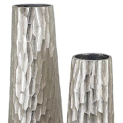 Set of Two Silver Cast Aluminum Textured Table Vases HomeRoots