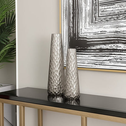 Set of Two Silver Cast Aluminum Textured Table Vases HomeRoots