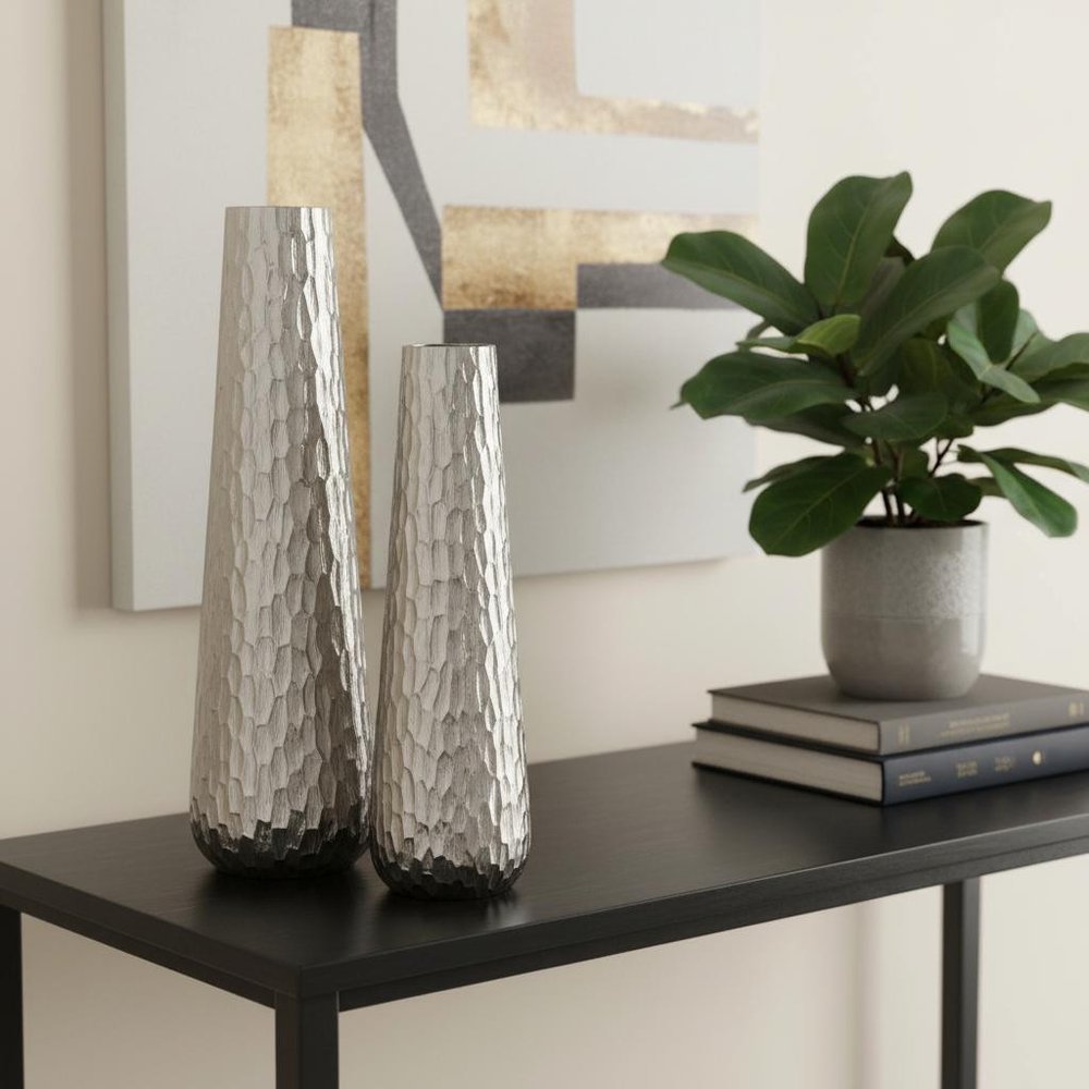 Set of Two Silver Cast Aluminum Textured Table Vases HomeRoots