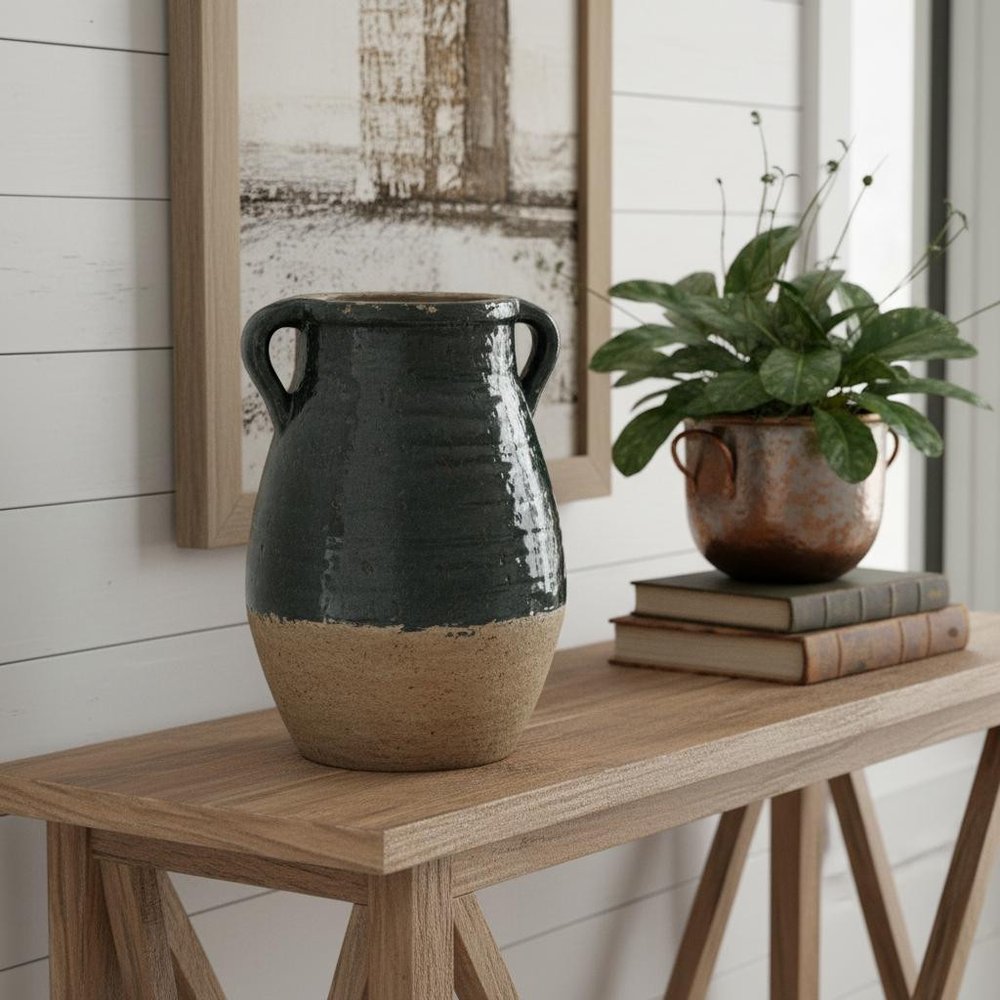 13" Forest Green And Sand Color Block Terracotta Round Jug Vase HomeRoots