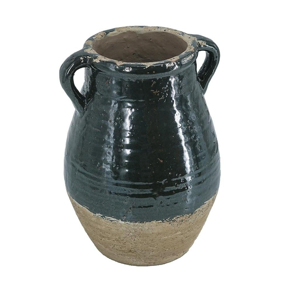 13" Forest Green And Sand Color Block Terracotta Round Jug Vase HomeRoots