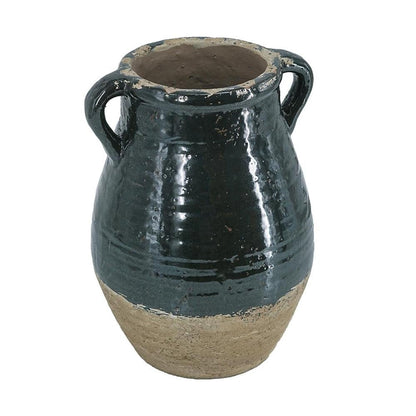 13" Forest Green And Sand Color Block Terracotta Round Jug Vase HomeRoots