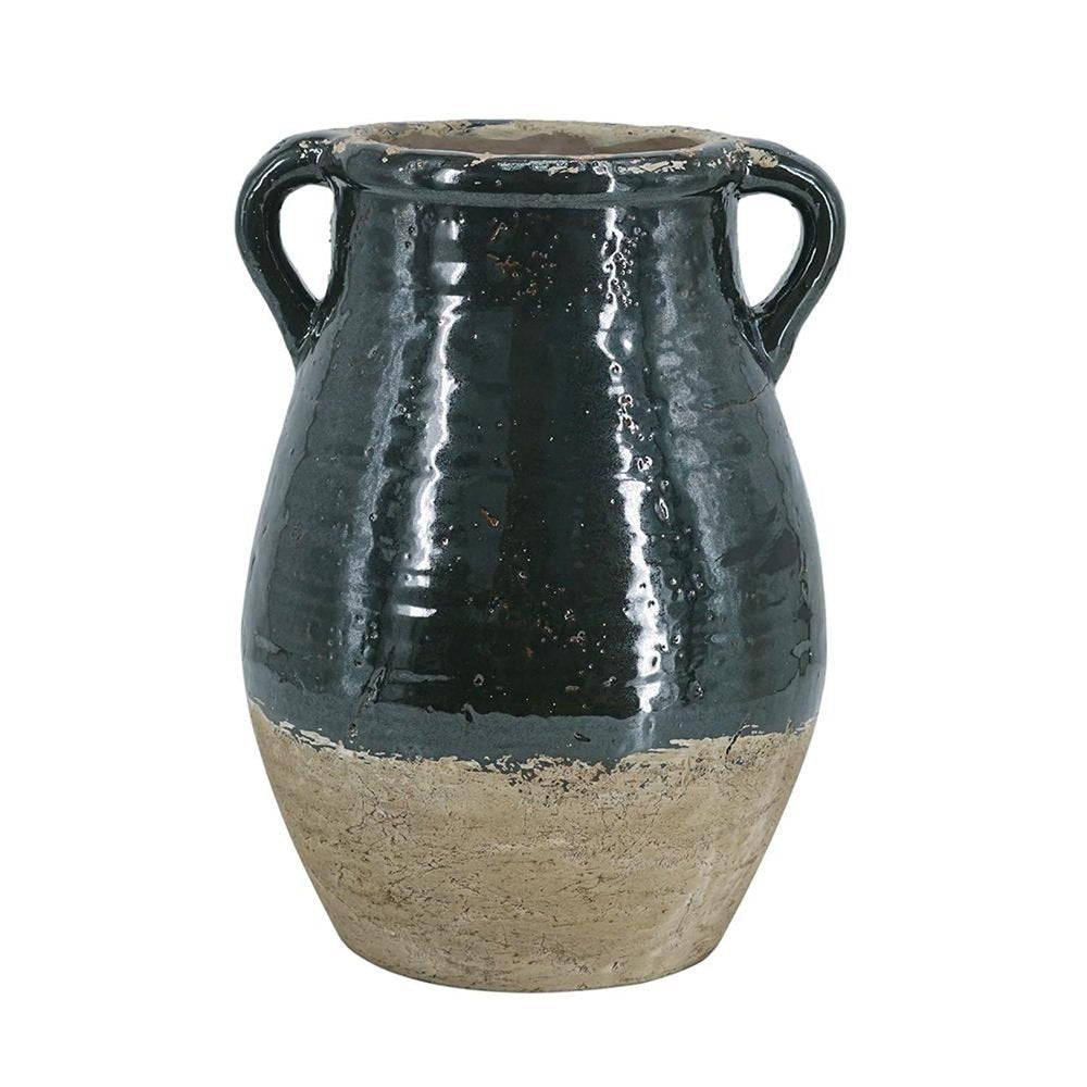 13" Forest Green And Sand Color Block Terracotta Round Jug Vase HomeRoots