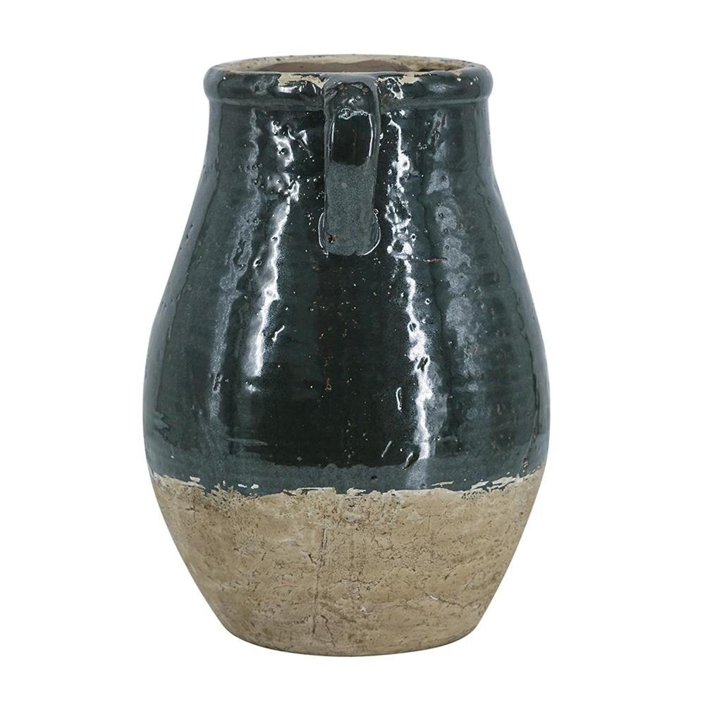 13" Forest Green And Sand Color Block Terracotta Round Jug Vase HomeRoots