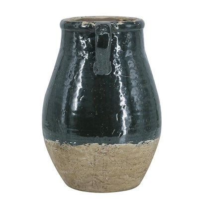 13" Forest Green And Sand Color Block Terracotta Round Jug Vase HomeRoots