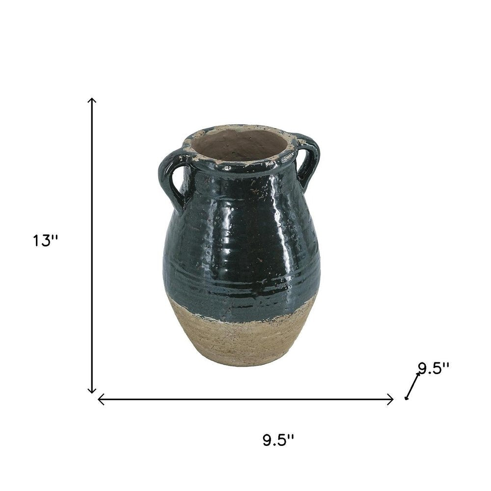 13" Forest Green And Sand Color Block Terracotta Round Jug Vase HomeRoots