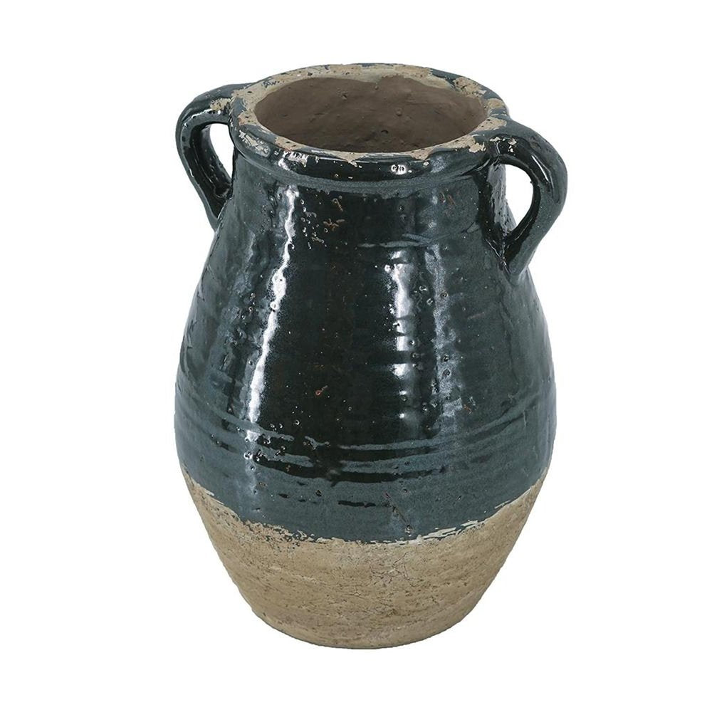 13" Forest Green And Sand Color Block Terracotta Round Jug Vase HomeRoots