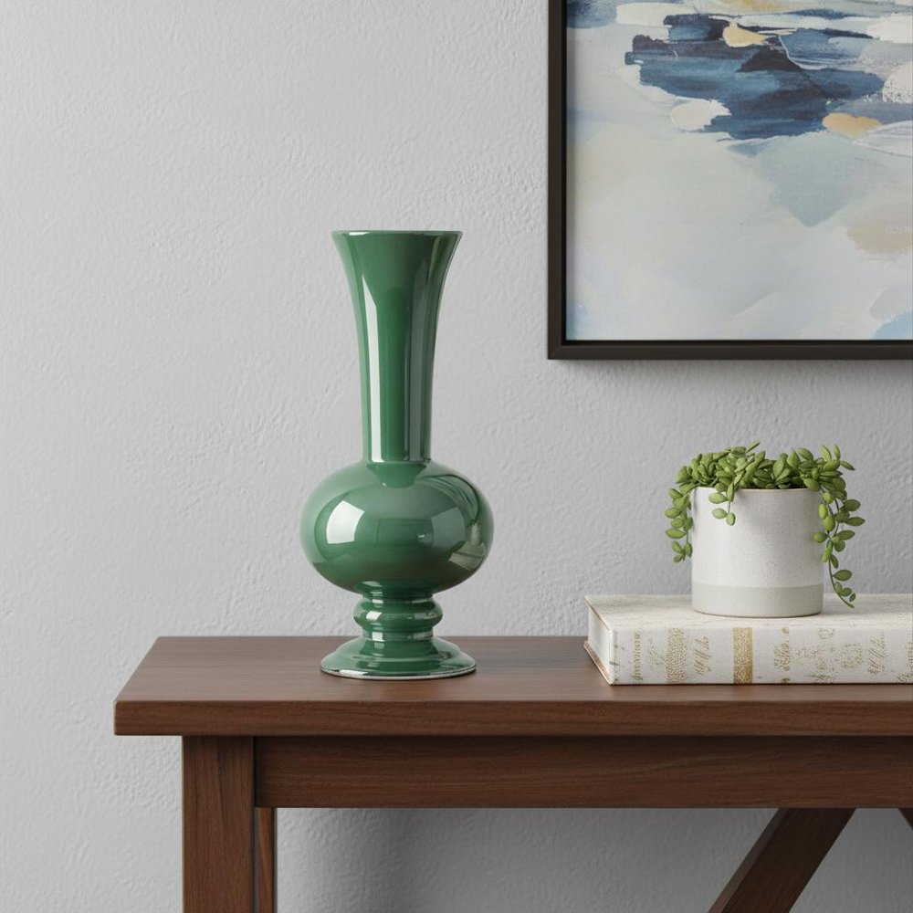 14" Hunter Green Round Ceramic Table Vase HomeRoots