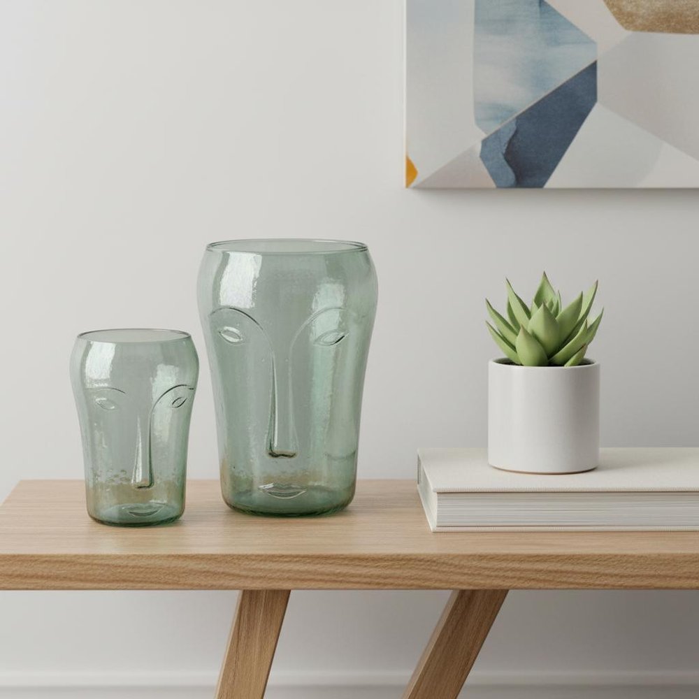Set of Two Light Green Glass Modern Abstract Faces Table Vases HomeRoots