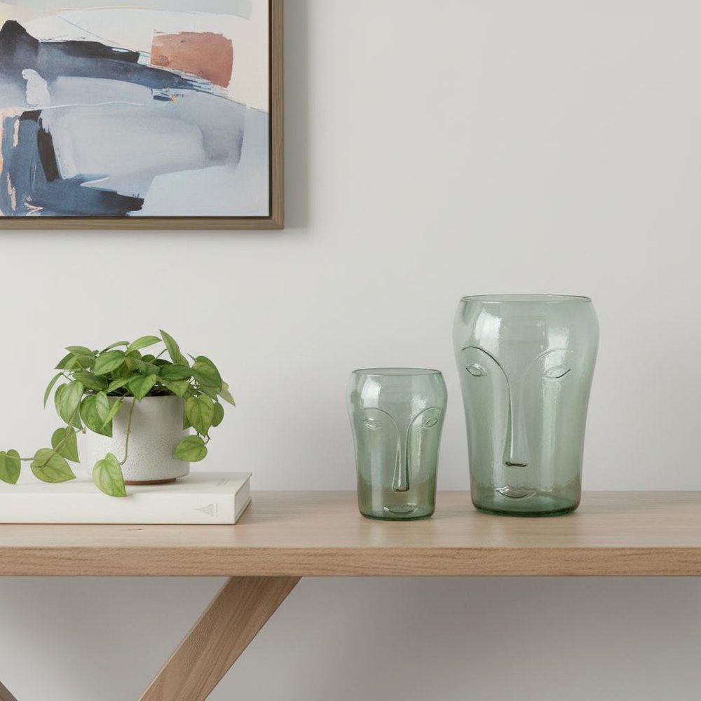 Set of Two Light Green Glass Modern Abstract Faces Table Vases HomeRoots