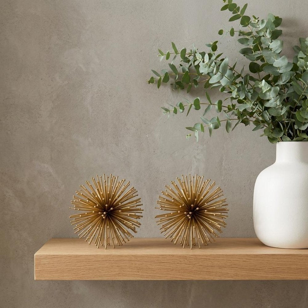 Set of Two Gold Iron Decorative Spiky Sphere Tabletop Sculptures HomeRoots