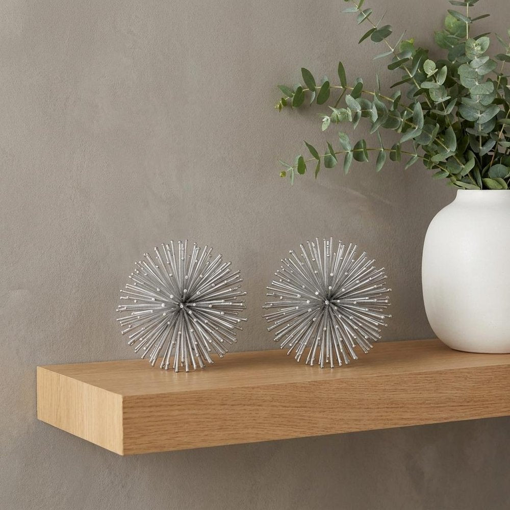 Set of Two Silver Iron Decorative Spiky Sphere Tabletop Sculpture HomeRoots