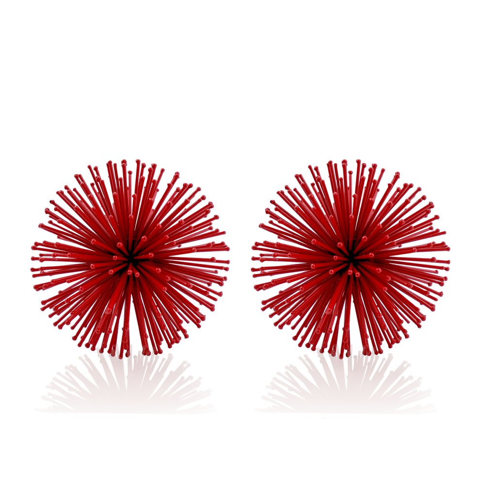 Set of Two Red Iron Decorative Spiky Sphere Tabletop Sculpture HomeRoots