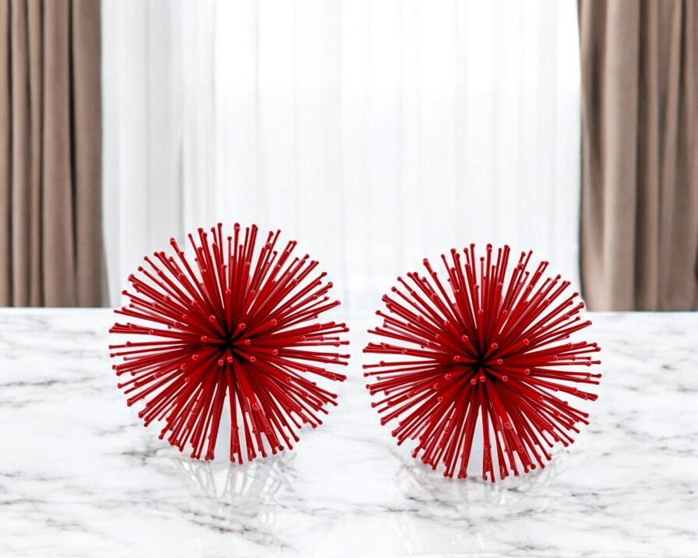 Set of Two Red Iron Decorative Spiky Sphere Tabletop Sculpture HomeRoots