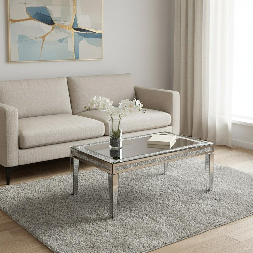 36" Clear and Silver Mirrored Faux Crystal and Glass Coffee Table HomeRoots