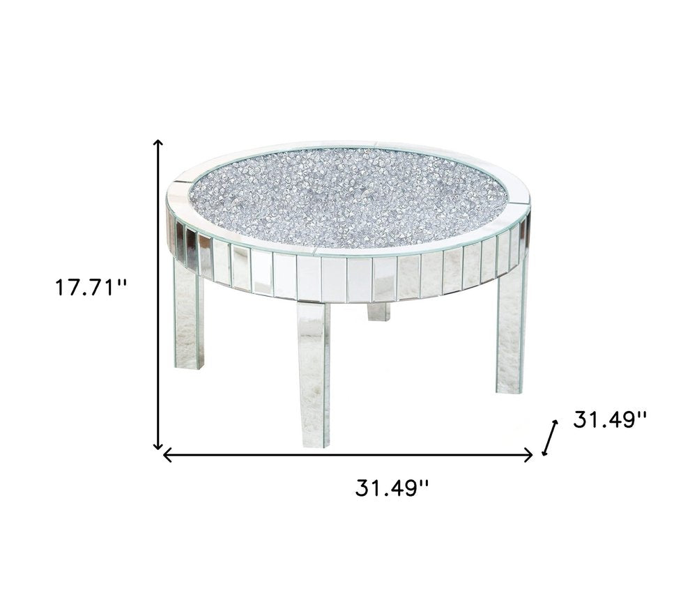 31" Silver Mirrored Glass and Faux Crystal Round Coffee Table HomeRoots