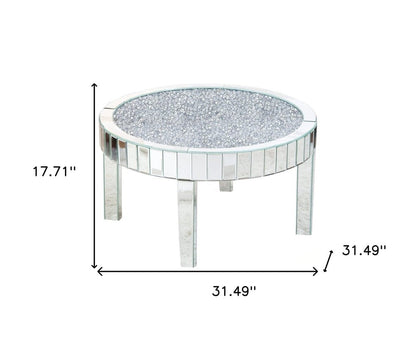 31" Silver Mirrored Glass and Faux Crystal Round Coffee Table HomeRoots