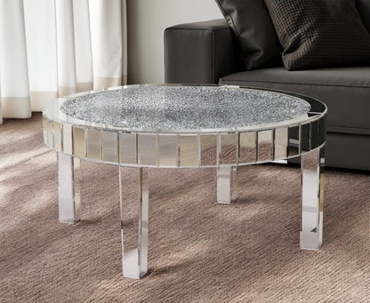 31" Silver Mirrored Glass and Faux Crystal Round Coffee Table HomeRoots