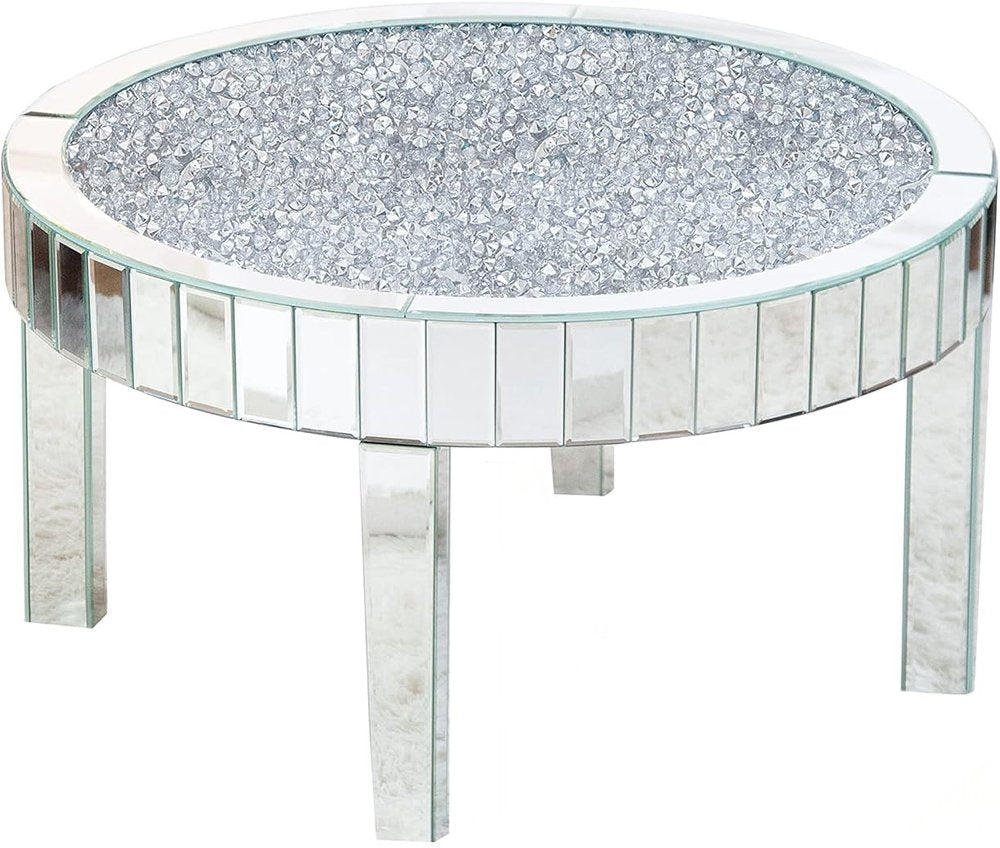 31" Silver Mirrored Glass and Faux Crystal Round Coffee Table HomeRoots
