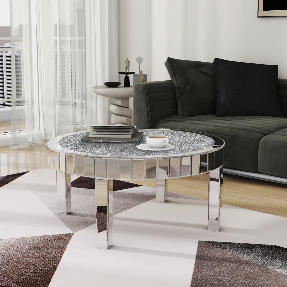 31" Silver Mirrored Glass and Faux Crystal Round Coffee Table HomeRoots