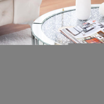 31" Silver Mirrored Glass and Faux Crystal Round Coffee Table HomeRoots