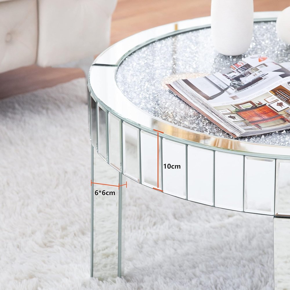 31" Silver Mirrored Glass and Faux Crystal Round Coffee Table HomeRoots
