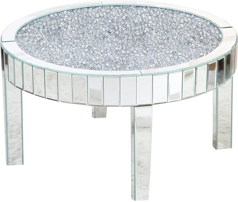 31" Silver Mirrored Glass and Faux Crystal Round Coffee Table HomeRoots