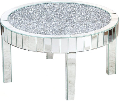 31" Silver Mirrored Glass and Faux Crystal Round Coffee Table HomeRoots