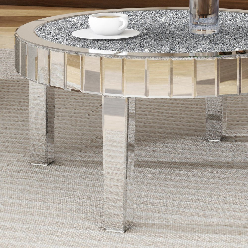 31" Silver Mirrored Glass and Faux Crystal Round Coffee Table HomeRoots