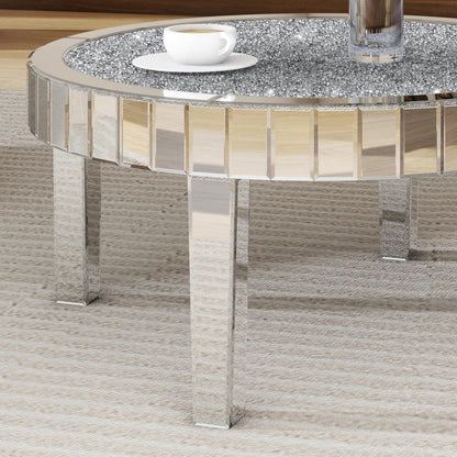 31" Silver Mirrored Glass and Faux Crystal Round Coffee Table HomeRoots