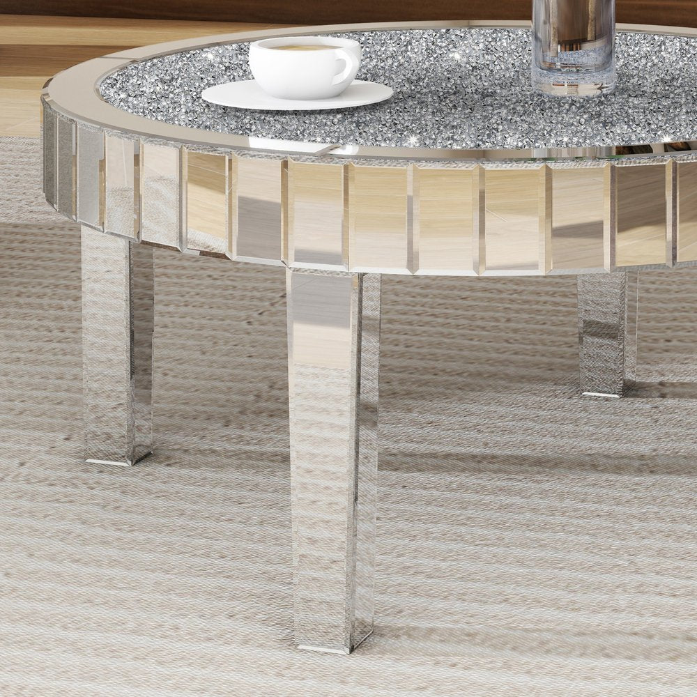 31" Silver Mirrored Glass and Faux Crystal Round Coffee Table HomeRoots