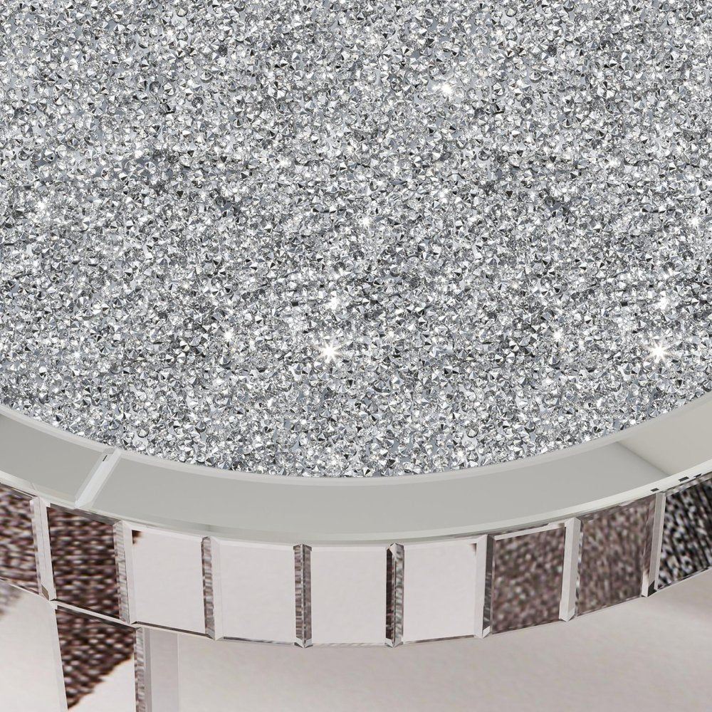 31" Silver Mirrored Glass and Faux Crystal Round Coffee Table HomeRoots