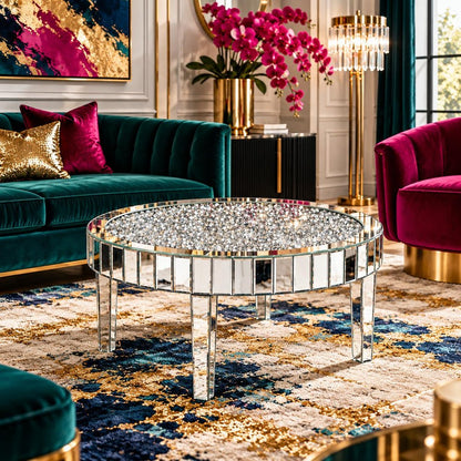 31" Silver Mirrored Glass and Faux Crystal Round Coffee Table