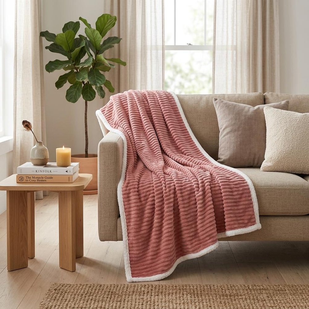 79" X 87" Pink Flannel Knitted Throw Blanket — view 7