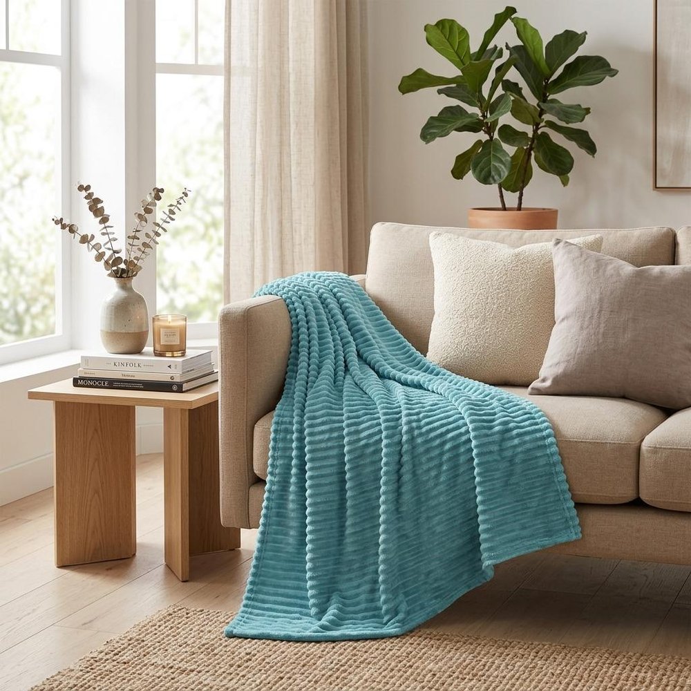 79" X 91" Sky Blue Flannel Striped Throw Blanket — view 4
