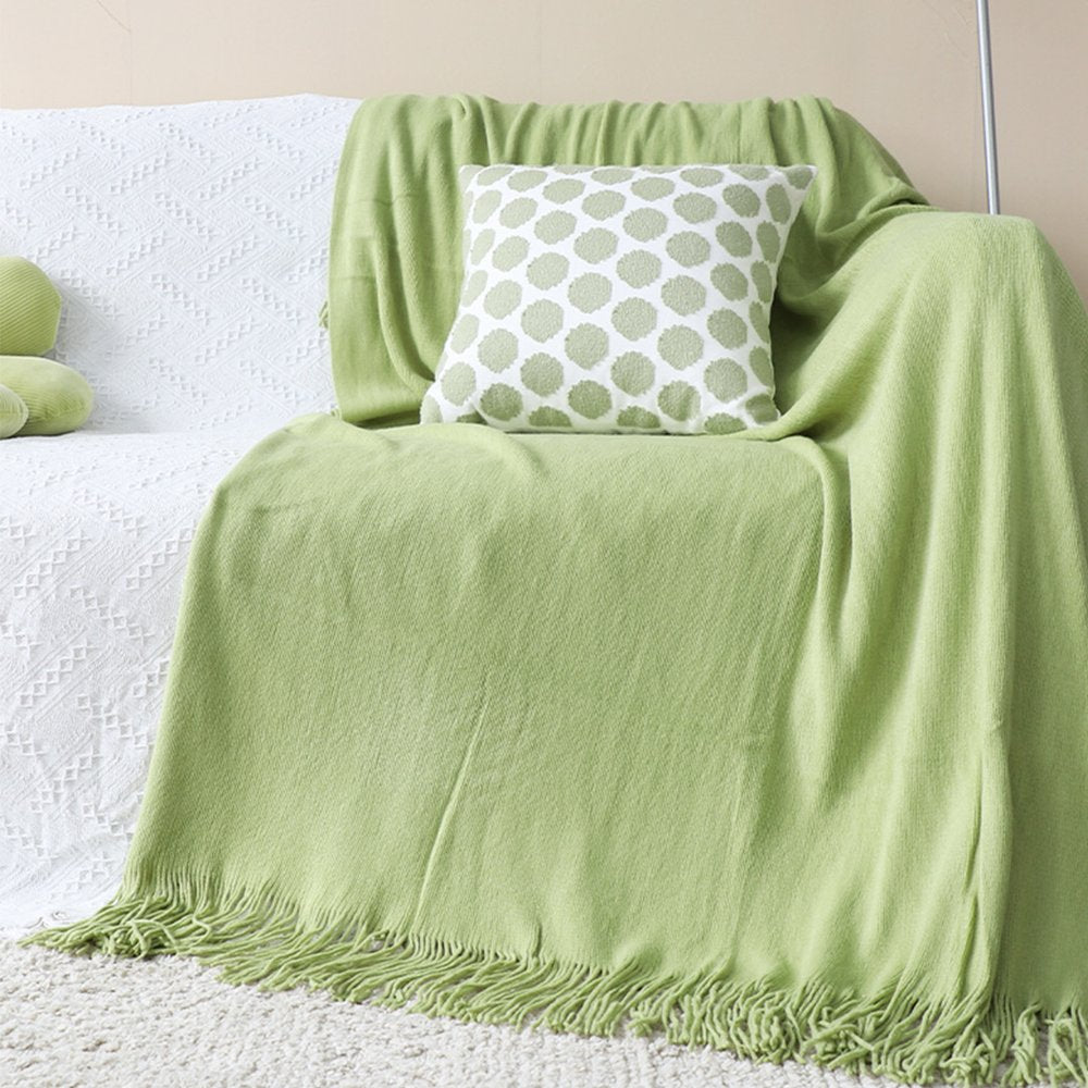 50" X 87" Green Knitted Throw Blanket with Fringe — view 1