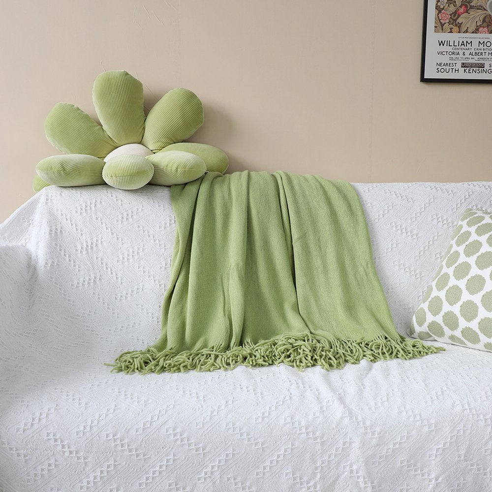 50" X 87" Green Knitted Throw Blanket with Fringe