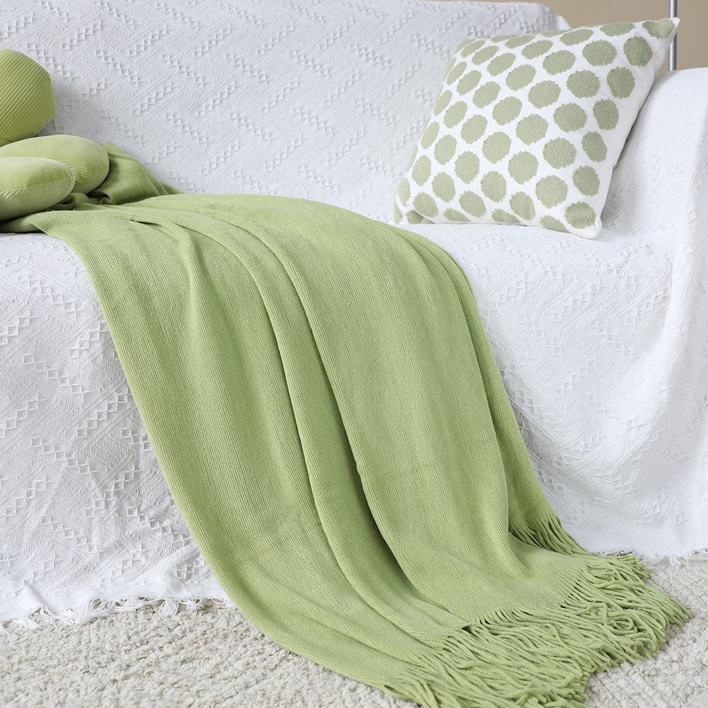 50" X 87" Green Knitted Throw Blanket with Fringe — view 3
