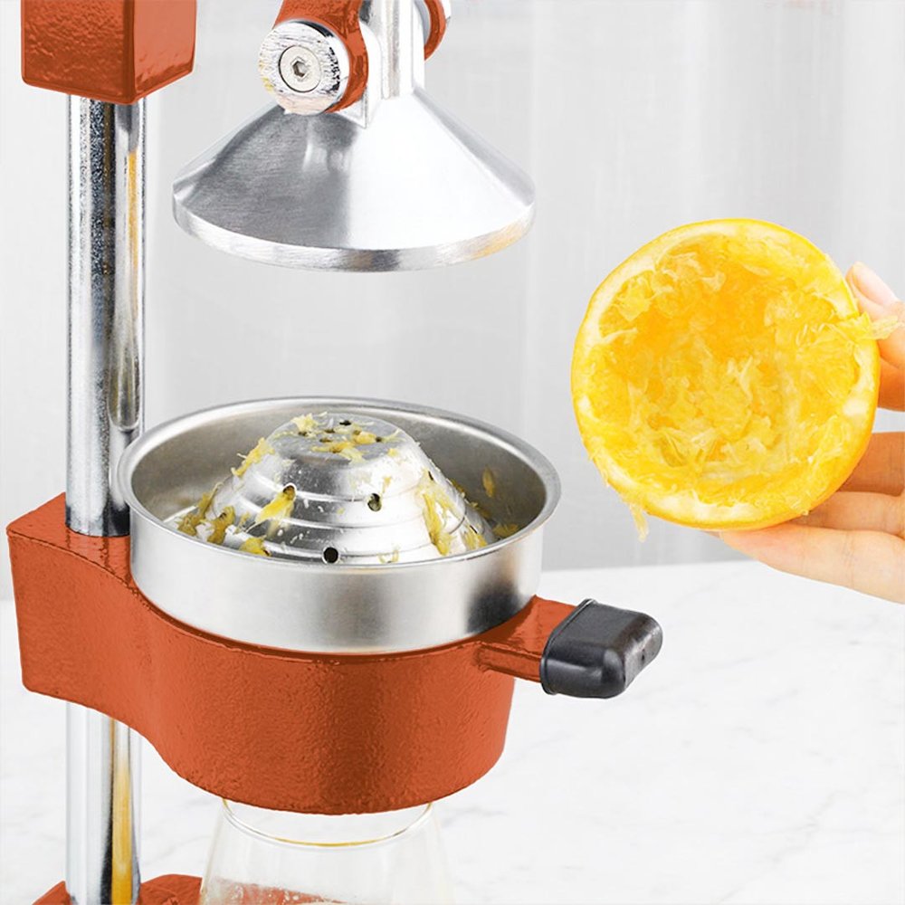 7" Orange Cast Iron Manual Juicer — view 3